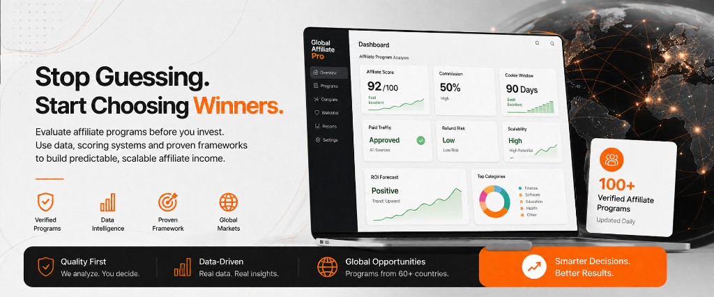 Global Affiliate Pro — Dashboard showing affiliate score 92/100, 50% commission, 90-day cookie window